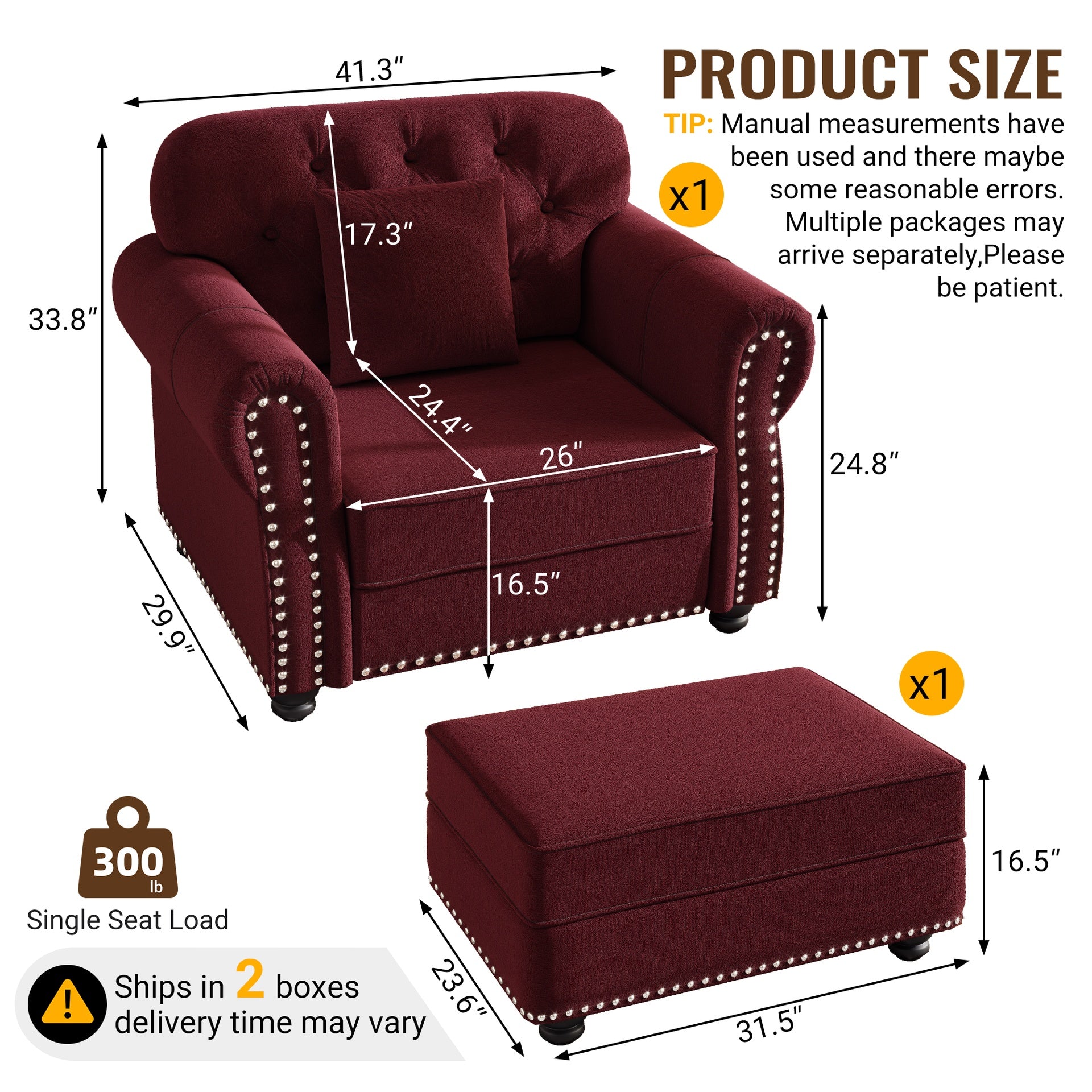 41.3"Upholstered Velvet Sofa with Nailhead Trim and Rolled Armrests,Mid-Century Modern Chesterfield Sofa with Button  Tufted,Includes 1 Pillows,Burgundy