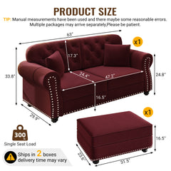 63"Upholstered Velvet Sofa with Nailhead Trim and Rolled Armrests,Mid-Century Modern Chesterfield Sofa with Button  Tufted,Includes 2 Pillows,Burgundy