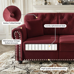 82.6"Upholstered Velvet Sofa with Nailhead Trim and Rolled Armrests,Mid-Century Modern Chesterfield Sofa with Button Tufted,Includes 3 Pillows,Burgundy