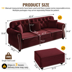 82.6"Upholstered Velvet Sofa with Nailhead Trim and Rolled Armrests,Mid-Century Modern Chesterfield Sofa with Button Tufted,Includes 3 Pillows,Burgundy