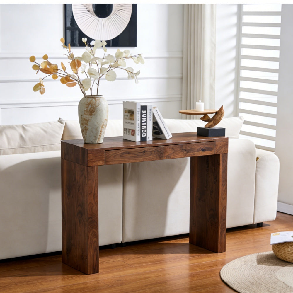 Elegant natural walnut wood grain bar table -50 inches long, a practical choice for modern home decor. Walnut wood grain texture veneer, equipped with double drawers, can be used as both a bar counter