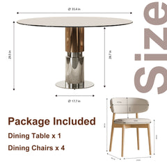 35-inch round glass dining table, tempered glass tabletop, stainless steel legs, suitable for 2-4 people. Dark brown small round dining table, suitable for restaurants and apartments(table+ 4 chair)