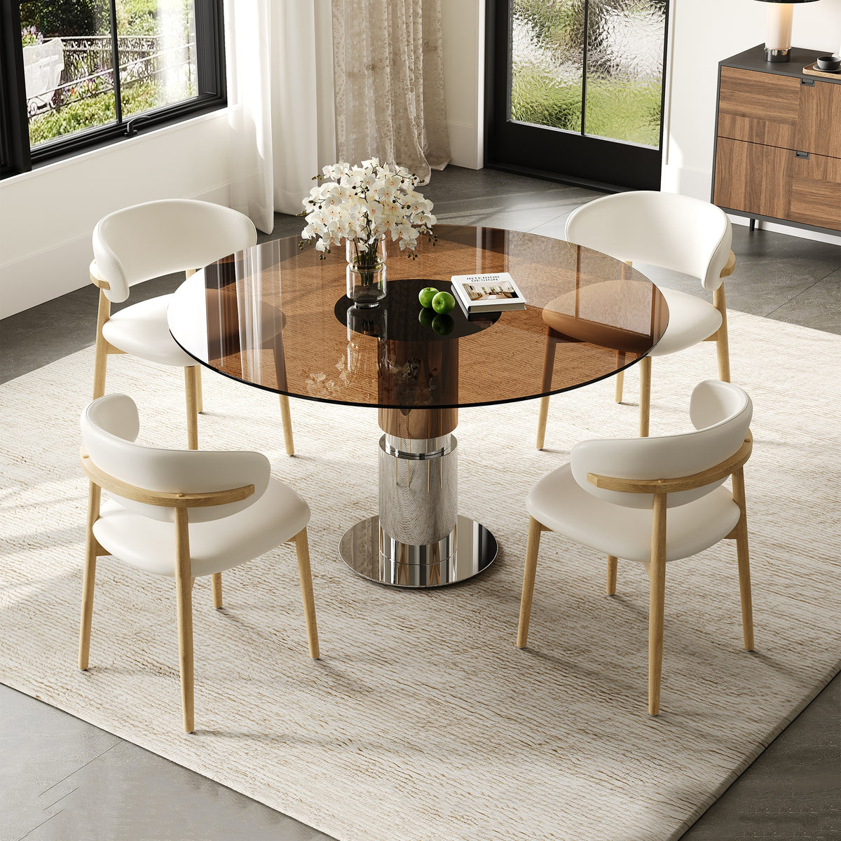 35-inch round glass dining table, tempered glass tabletop, stainless steel legs, suitable for 2-4 people. Dark brown small round dining table, suitable for restaurants and apartments(table+ 4 chair)