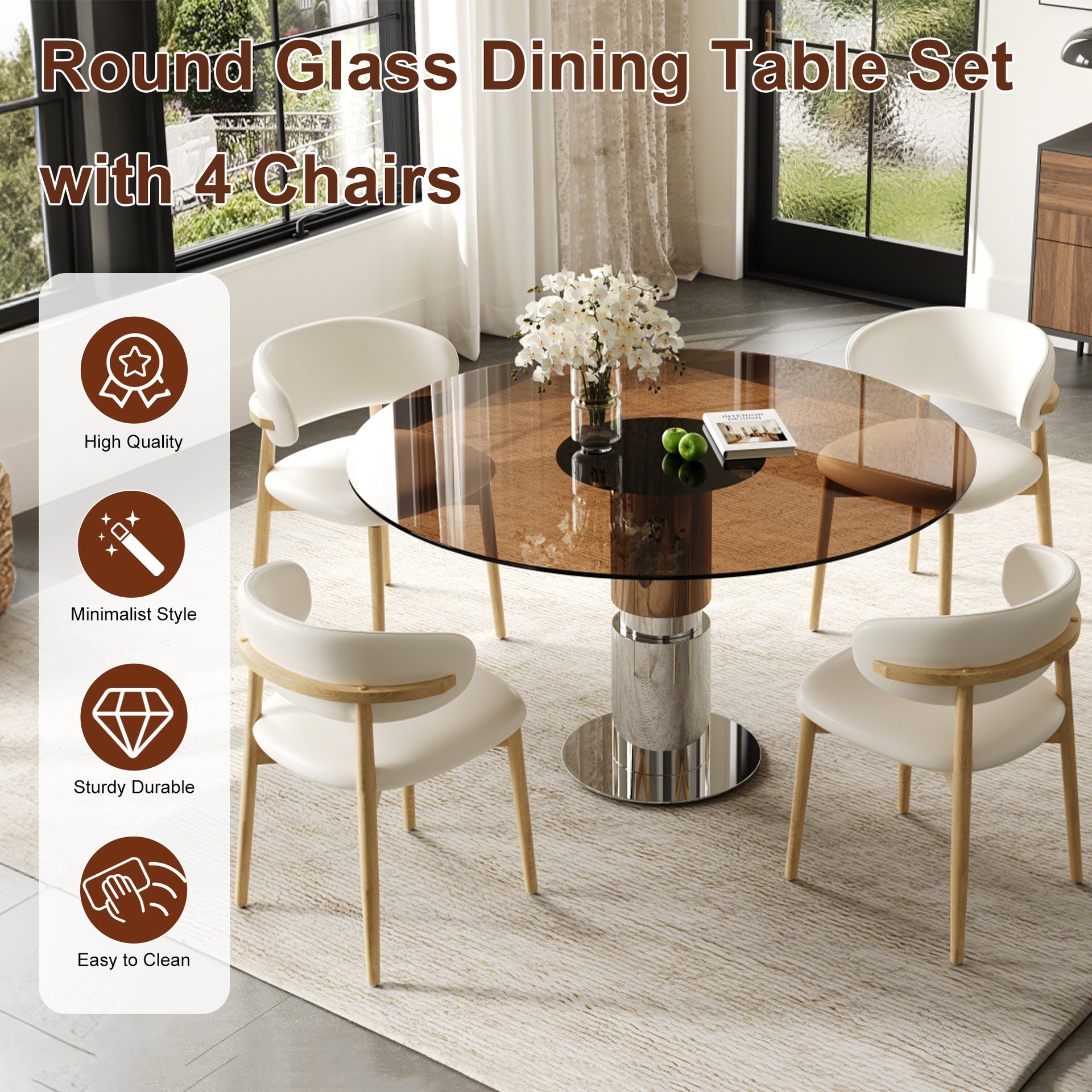 35-inch round glass dining table, tempered glass tabletop, stainless steel legs, suitable for 2-4 people. Dark brown small round dining table, suitable for restaurants and apartments(table+ 4 chair)