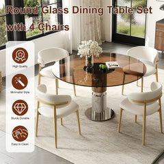 35-inch round glass dining table, tempered glass tabletop, stainless steel legs, suitable for 2-4 people. Dark brown small round dining table, suitable for restaurants and apartments(table+ 4 chair)