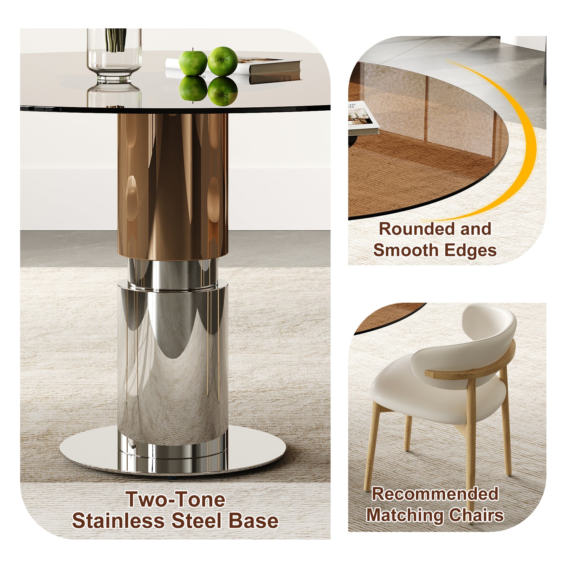 35-inch round glass dining table, tempered glass tabletop, stainless steel legs, suitable for 2-4 people. Dark brown small round dining table, suitable for restaurants and apartments(table+ 4 chair)