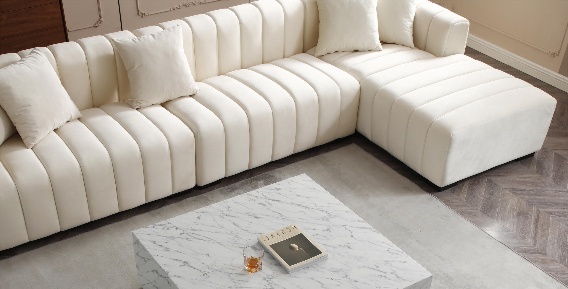 L-Shape Sectional Sofa with Deep Tufted Velvet Upholstered Right Chaise Modular Sofa  beige