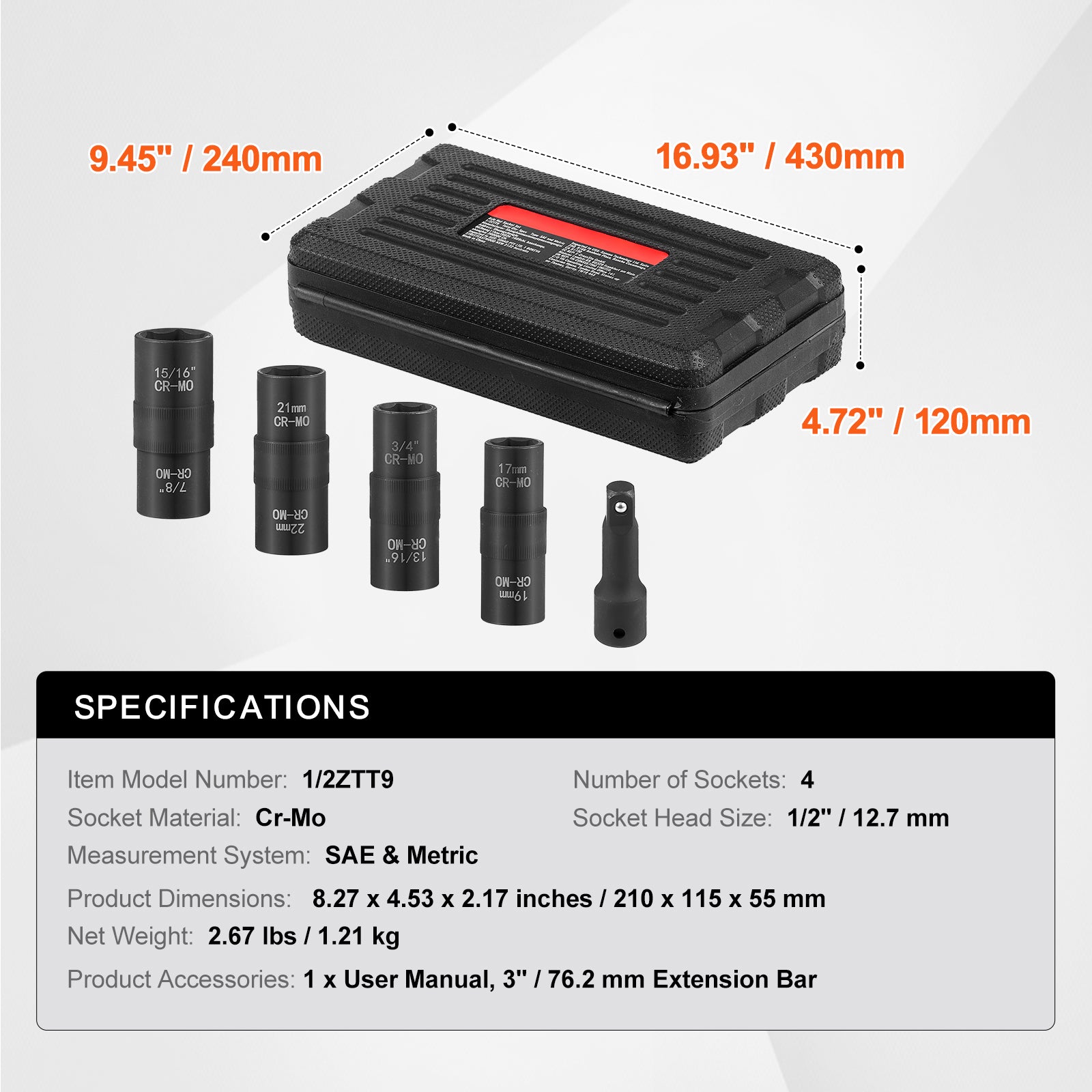 Lug Nut Impact Socket Set 1/2 in Drive Metric and SAE 6-Point Flip Socket