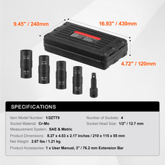 Lug Nut Impact Socket Set 1/2 in Drive Metric and SAE 6-Point Flip Socket