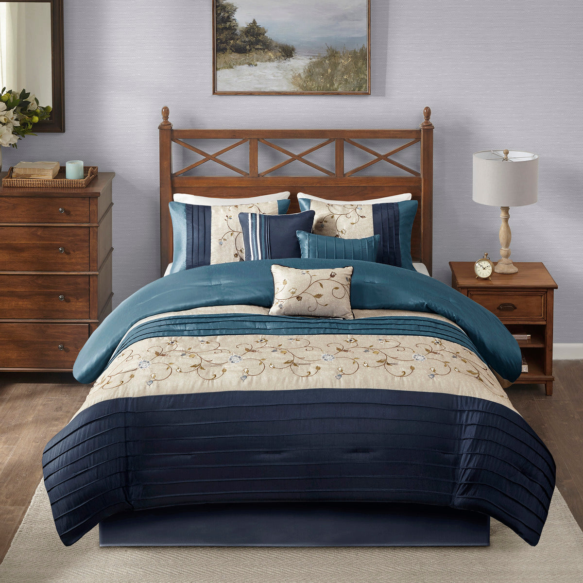 Embroidered 7 Piece Comforter Set Navy King