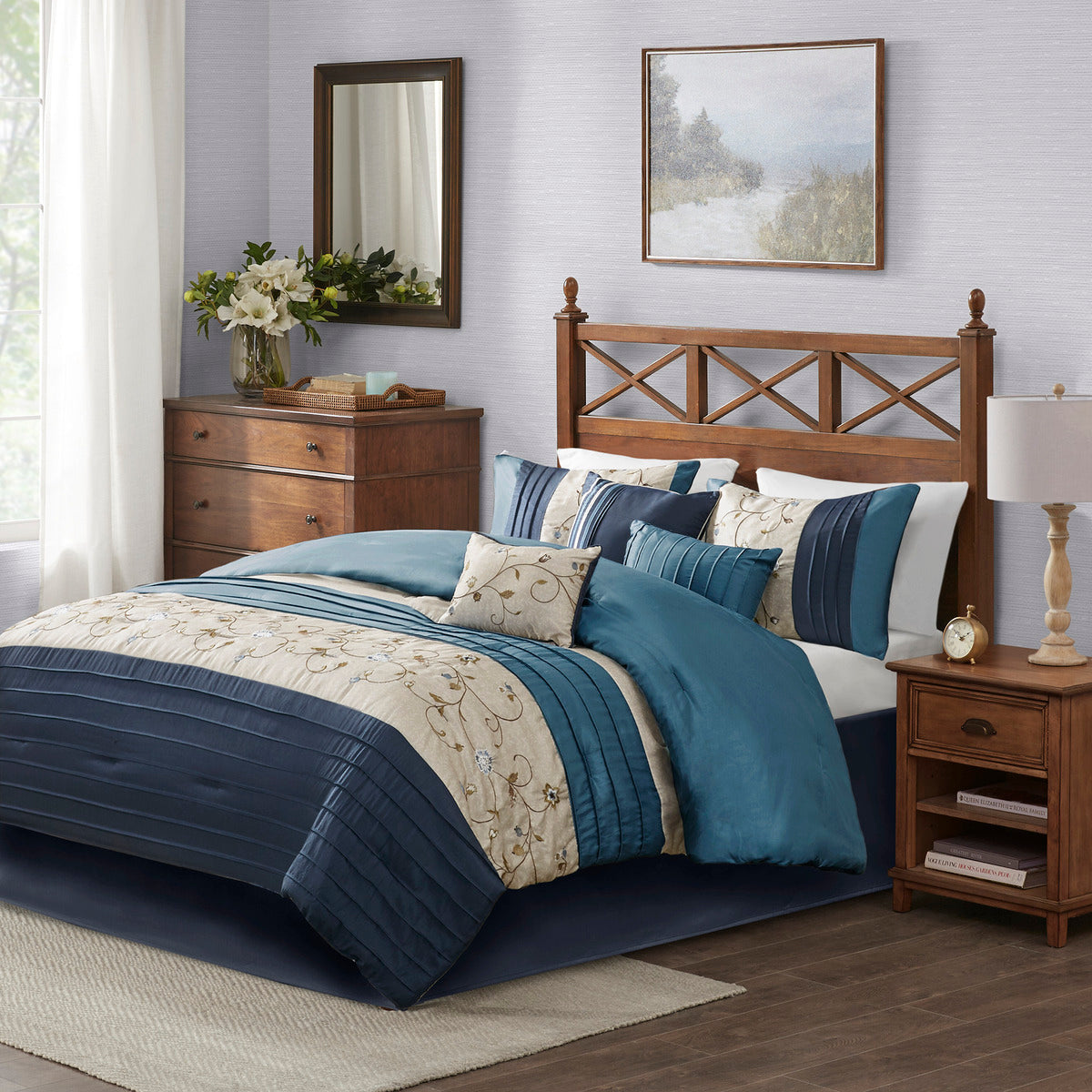 Embroidered 7 Piece Comforter Set Navy King