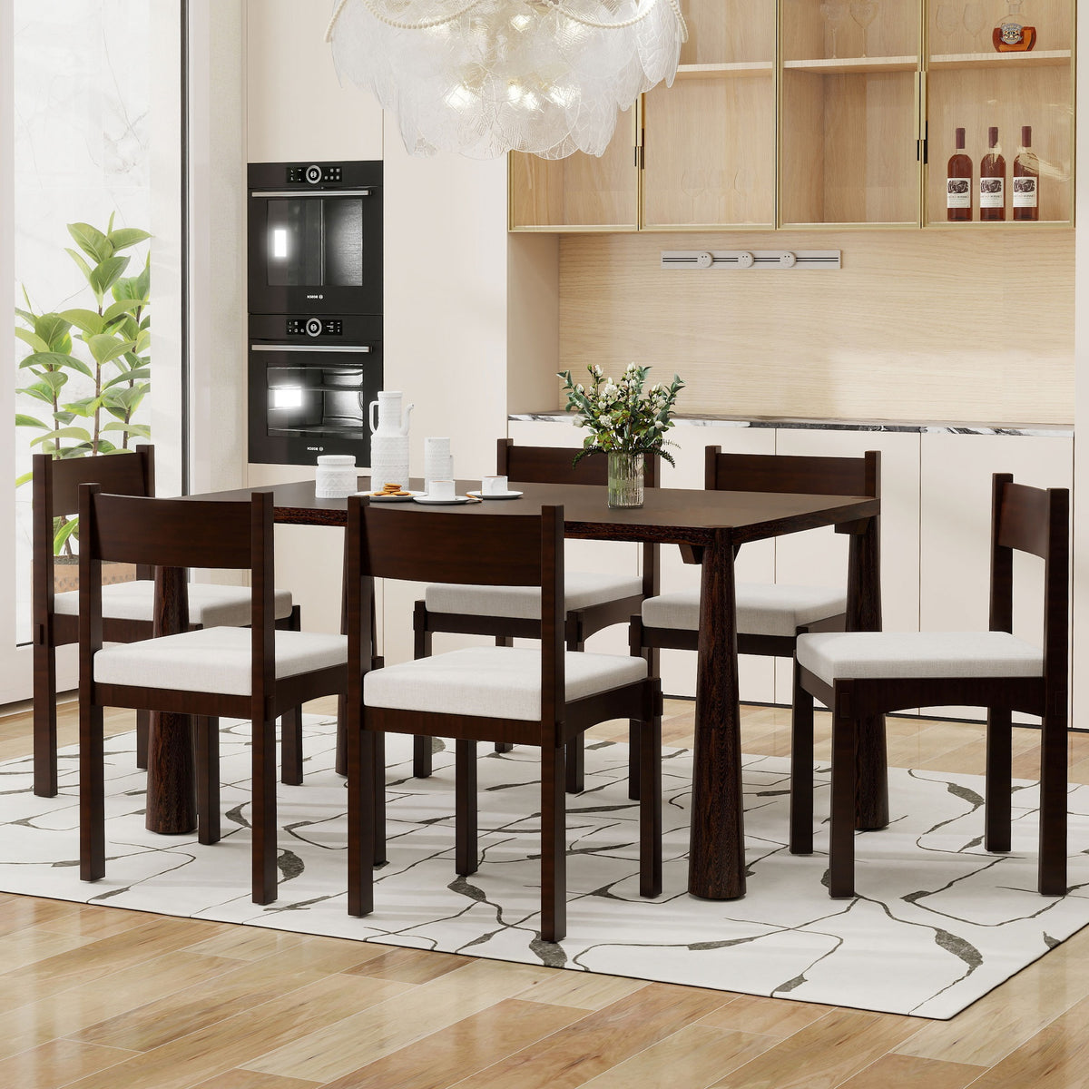 TREXM 7-Piece Retro Dining Table Set for 6, Wood Dining Table Set for 6 with Upholstered Chairs for kitchen & Dining Room (Espresso)