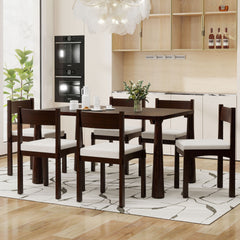 TREXM 7-Piece Retro Dining Table Set for 6, Wood Dining Table Set for 6 with Upholstered Chairs for kitchen & Dining Room (Espresso)