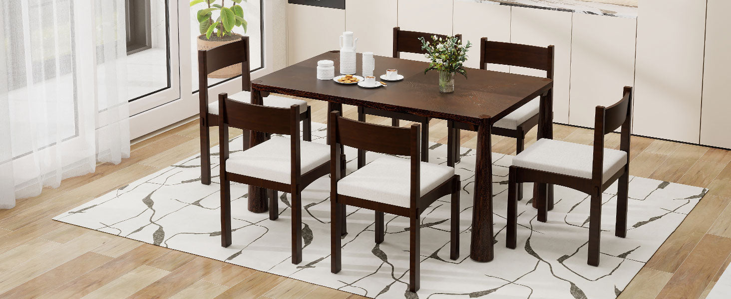 TREXM 7-Piece Retro Dining Table Set for 6, Wood Dining Table Set for 6 with Upholstered Chairs for kitchen & Dining Room (Espresso)