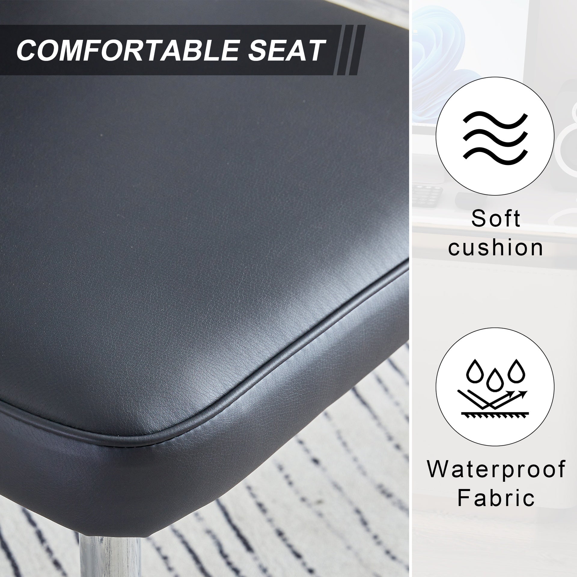 Modern minimalist dining chairs, black PU leather curved backrest and seat cushions, electroplated metal chair legs, suitable for restaurants, bedrooms, and living rooms. A set of 6 chairs.