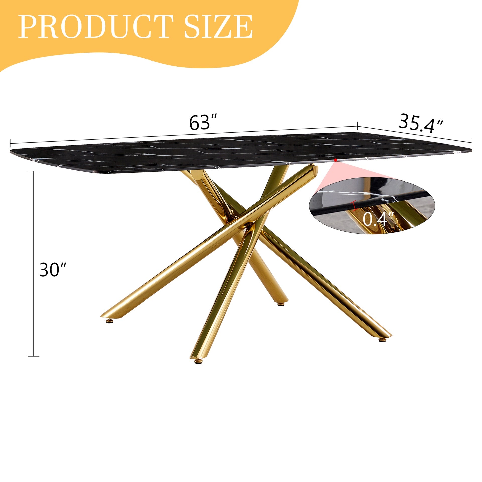 63"x35.4" Luxurious Black Marble-Patterned Tempered Glass Dining Table.Single Fork Golden Metal Table Legs.Tempered Glass Table Top,Golden Metal Leg.Make it Adaptable To Various Decoration Styles.
