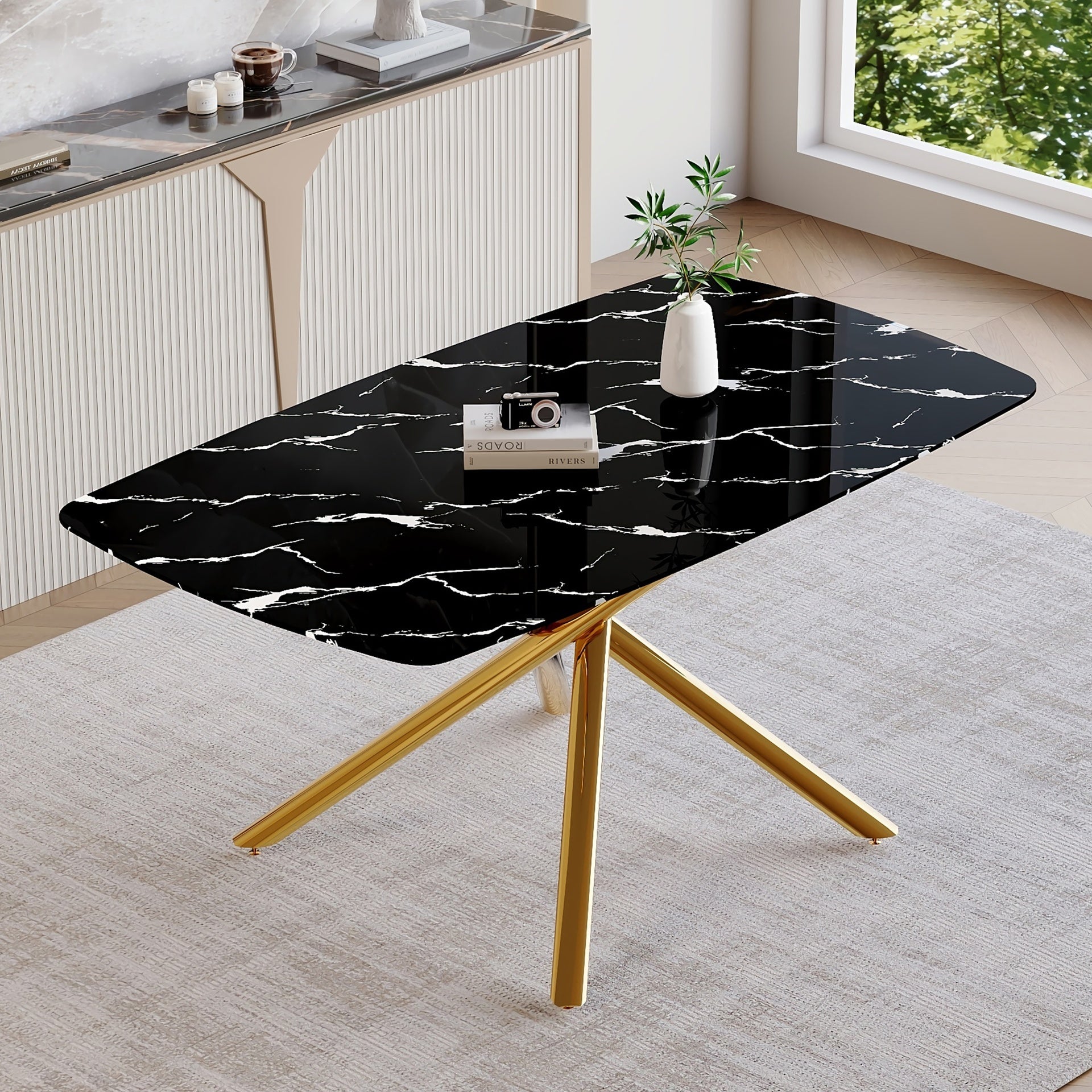 63"x35.4" Luxurious Black Marble-Patterned Tempered Glass Dining Table.Single Fork Golden Metal Table Legs.Tempered Glass Table Top,Golden Metal Leg.Make it Adaptable To Various Decoration Styles.