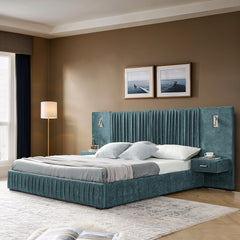 Queen Size Upholstered Bed Frame with Chenille fabric with pleated design,Grounded Queen Size Platform Bed with Headboard and Solid Frame and the bedside table.No Box Spring Needed-Blue-Green