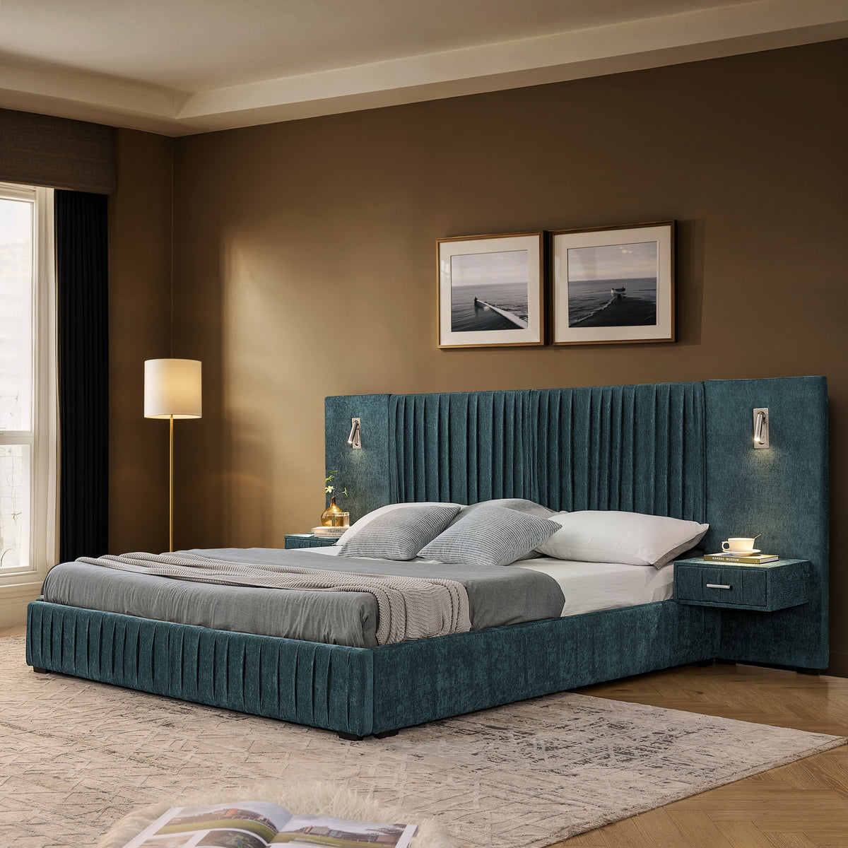 Queen Size Upholstered Bed Frame with Chenille fabric with pleated design,Grounded Queen Size Platform Bed with Headboard and Solid Frame and the bedside table.No Box Spring Needed-Blue-Green