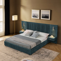 Queen Size Upholstered Bed Frame with Chenille fabric with pleated design,Grounded Queen Size Platform Bed with Headboard and Solid Frame and the bedside table.No Box Spring Needed-Blue-Green