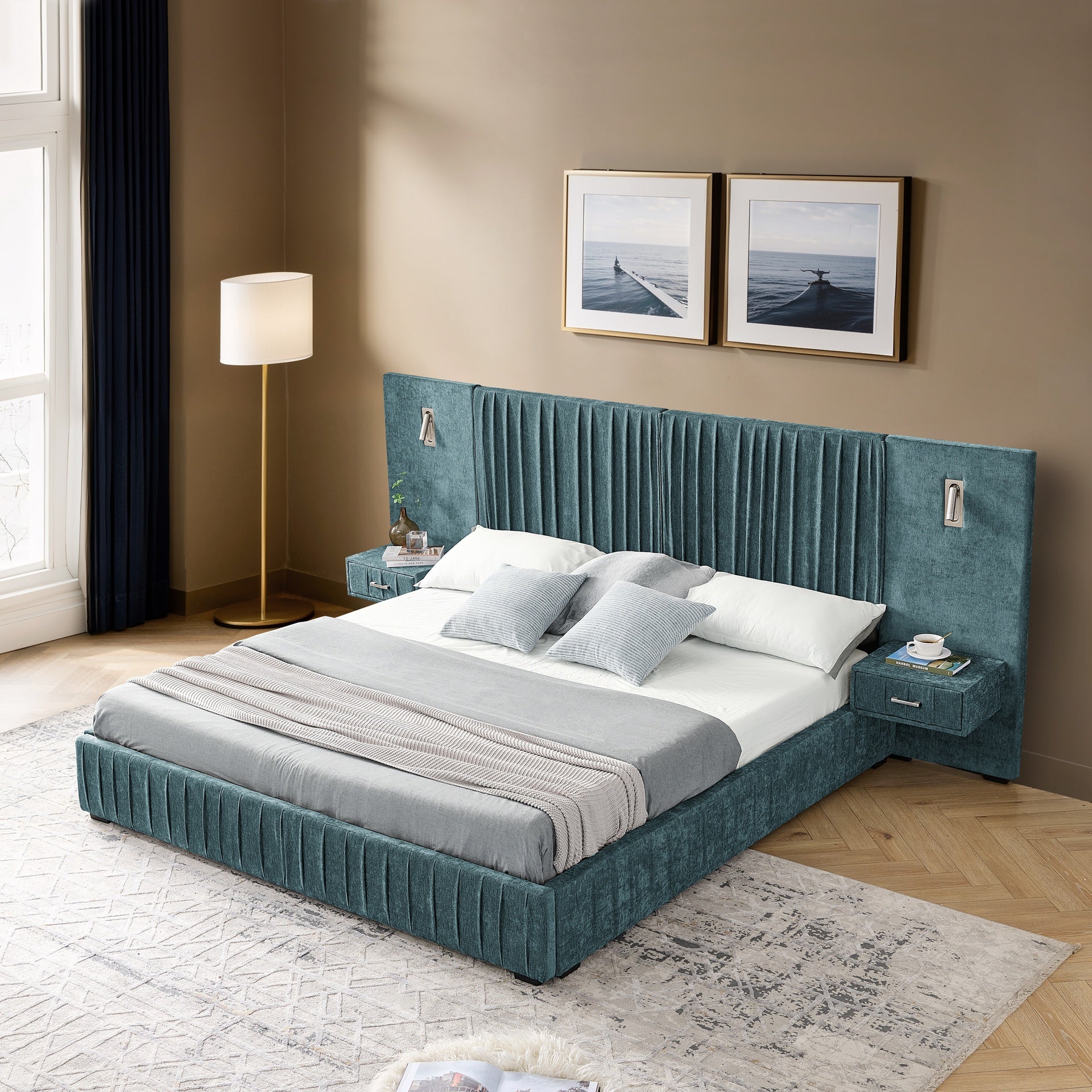 Queen Size Upholstered Bed Frame with Chenille fabric with pleated design,Grounded Queen Size Platform Bed with Headboard and Solid Frame and the bedside table.No Box Spring Needed-Blue-Green