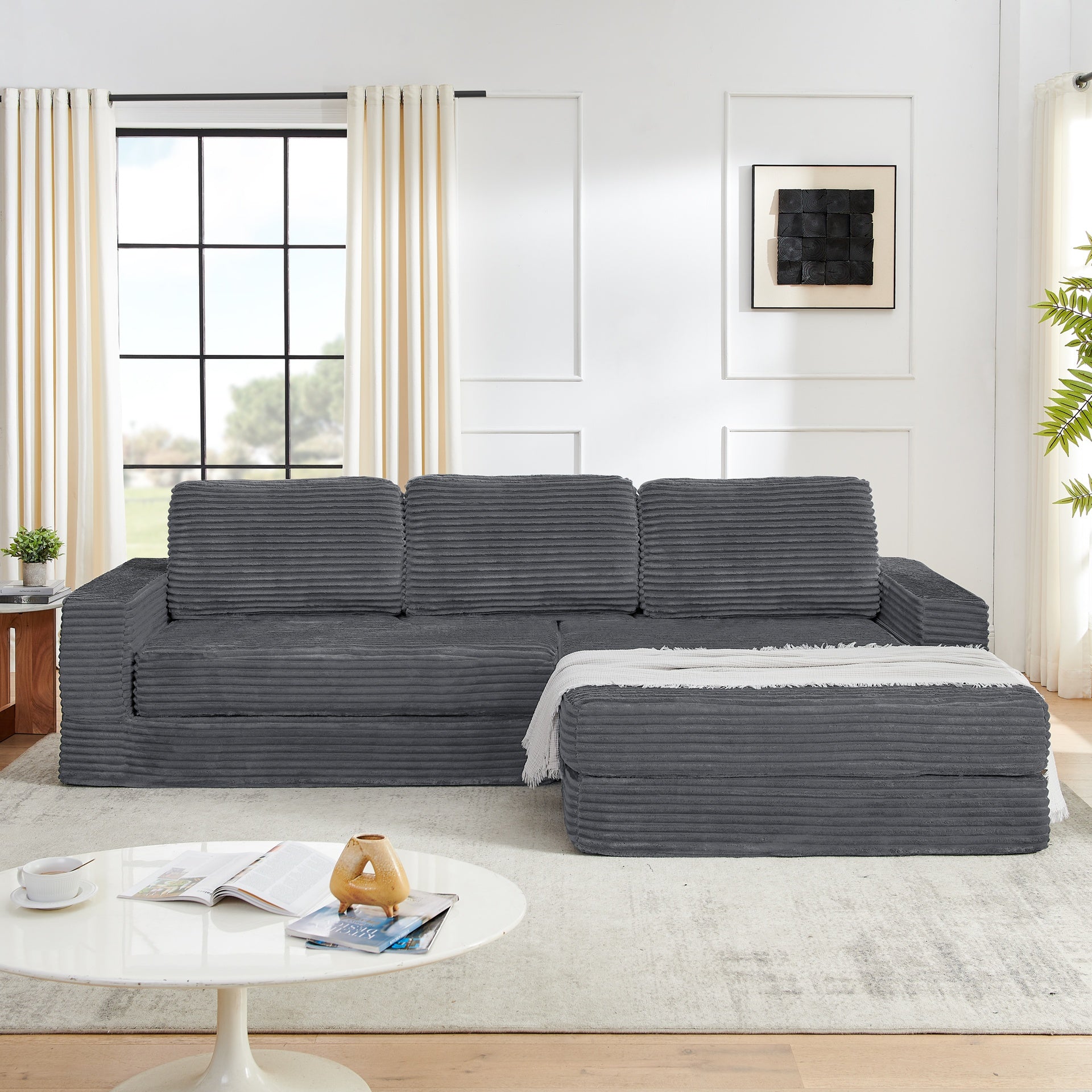 Right sofa seat,L shape Modular Sectional Sofa, Compressed Sectional Sofa Modern Minimalist Style Corduroy Couch,Unfold into a bed, Bedroom, Comfy Compressed Sofa Couch Space-Efficient Design-Gray