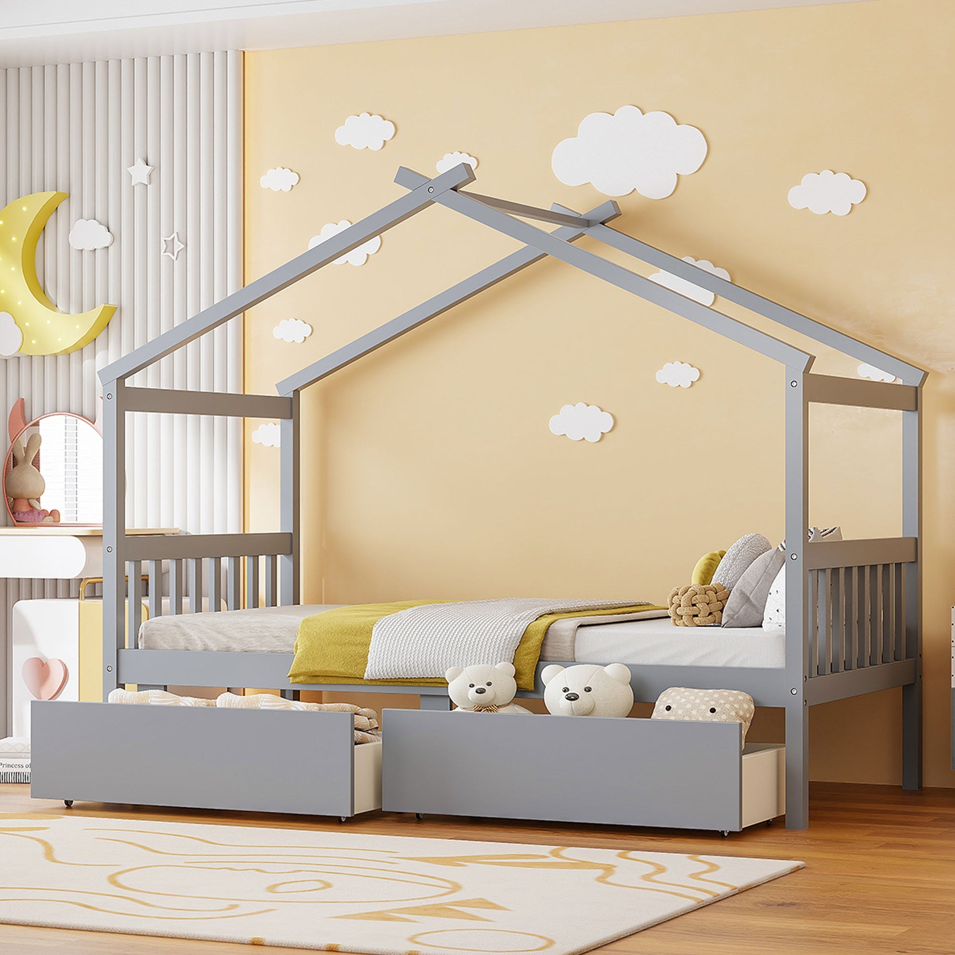 Twin Size Wooden House Bed with Drawers, Gray(OLD SKU: WF300799AAE)