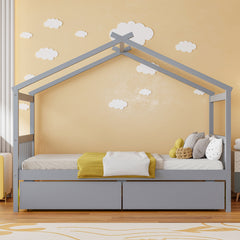 Twin Size Wooden House Bed with Drawers, Gray(OLD SKU: WF300799AAE)