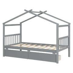 Twin Size Wooden House Bed with Drawers, Gray(OLD SKU: WF300799AAE)