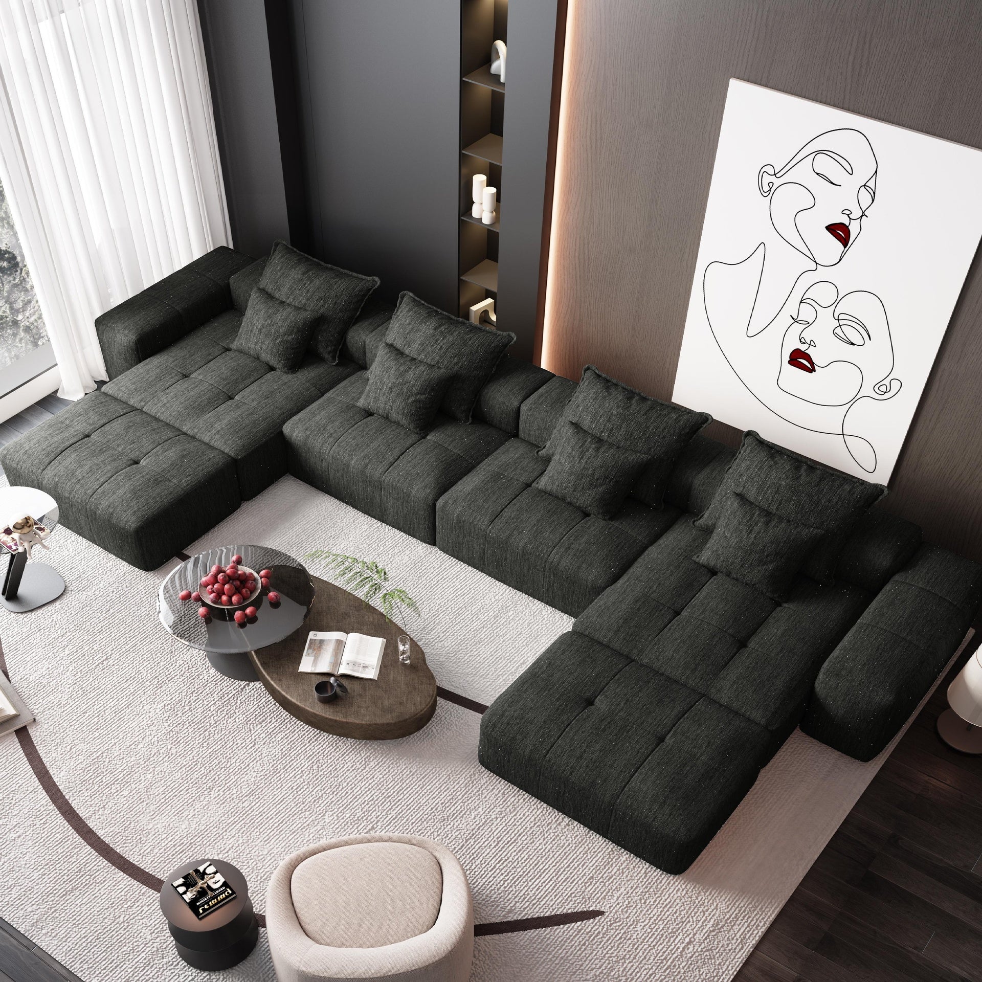 Modern Oversized Modular Sectional Sofa,Sparkling Chenille Fabric Soft Cushion Sofa with 8 Pillows,8 PCS DIY Combination Tufted Sofa,No Assembly Required,BLACK
