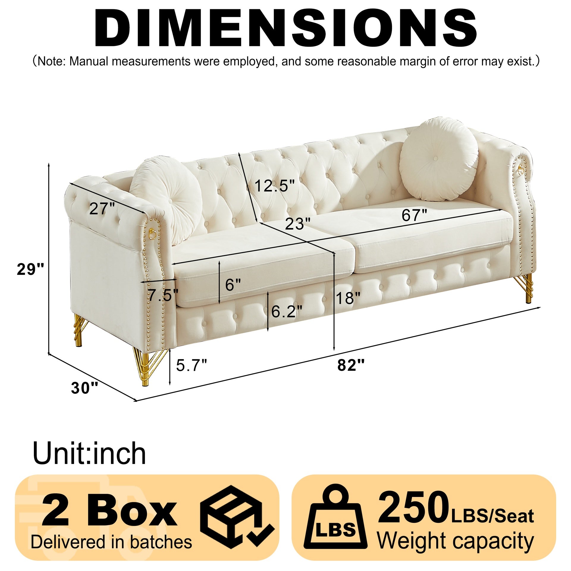 82-Inch Velvet Chesterfield sofa with two round pillows, featuring copper stud detailing and tufted button accents, with metal legs. Loop design allows for hanging cartoon ornaments.