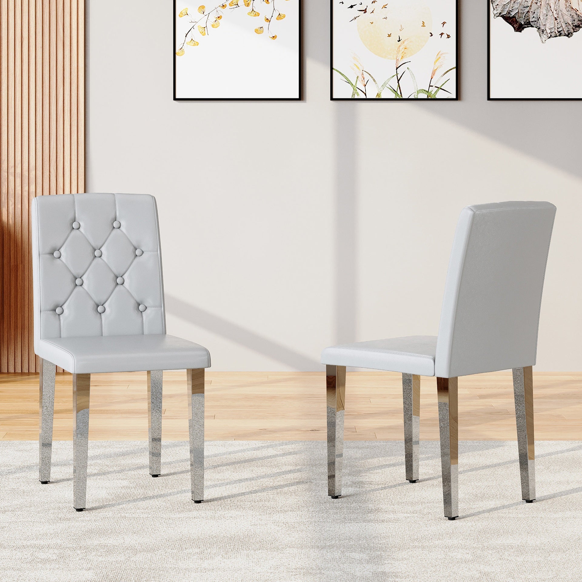 2-piece set of light grey PU dining chairs: ergonomically designed buckle backrest, 35 inches high, silver metal legs, combining comfort and texture.Suitable for family restaurants, banquet hall, etc.