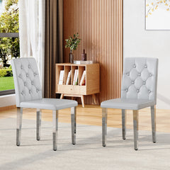 2-piece set of light grey PU dining chairs: ergonomically designed buckle backrest, 35 inches high, silver metal legs, combining comfort and texture.Suitable for family restaurants, banquet hall, etc.