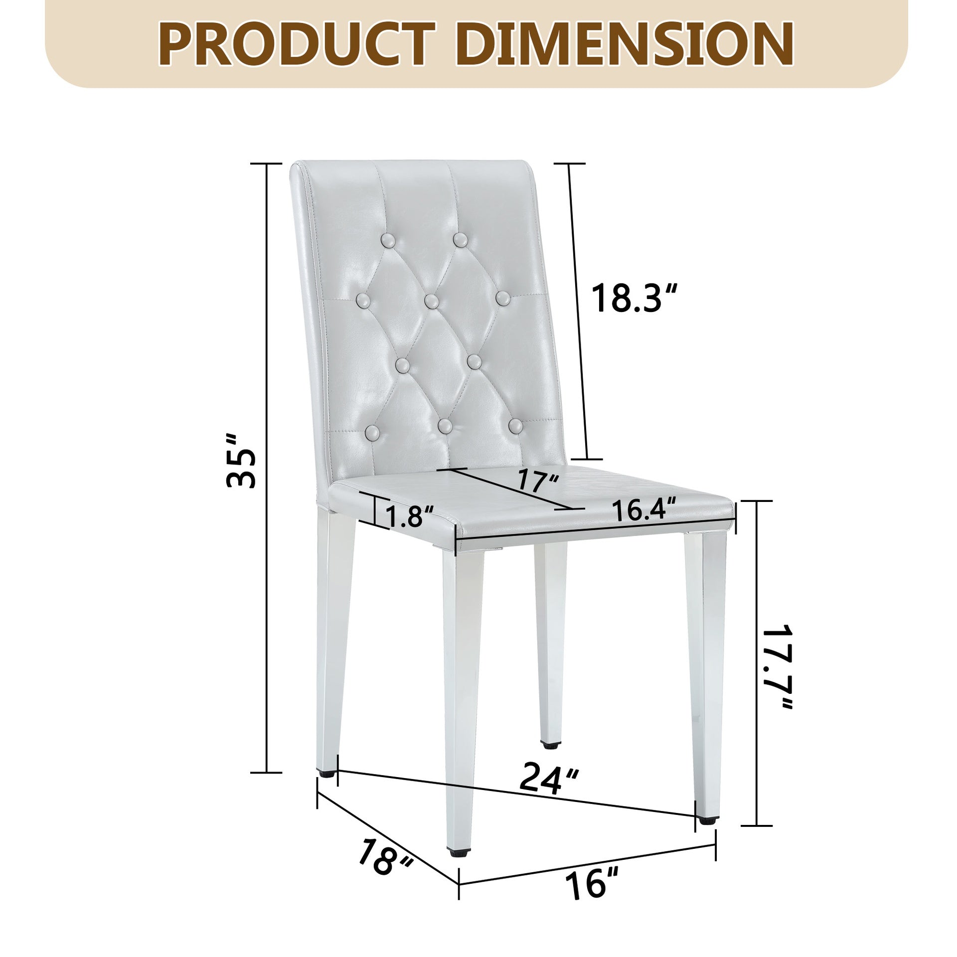 2-piece set of light grey PU dining chairs: ergonomically designed buckle backrest, 35 inches high, silver metal legs, combining comfort and texture.Suitable for family restaurants, banquet hall, etc.