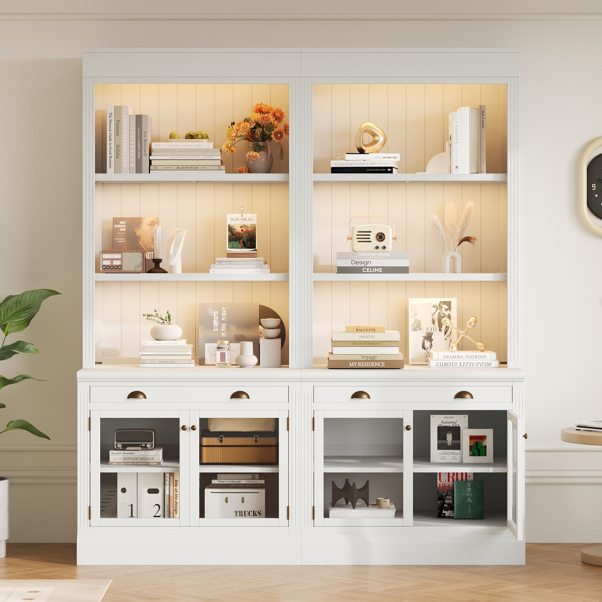 83.4"Tall Bookshelf Suite with LED Lighting, Modern Bookcases with Glass Doors and Drawers,2-Piece Set Storage Bookcase Suite with Open Shelves for Living Room,Home Office,White