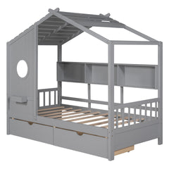 Wooden Twin Size House Bed with 2 Drawers,Kids Bed with Storage Shelf, Gray(Old SKU: HL000051AAE)