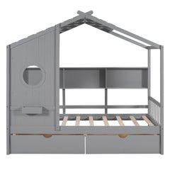 Wooden Twin Size House Bed with 2 Drawers,Kids Bed with Storage Shelf, Gray(Old SKU: HL000051AAE)