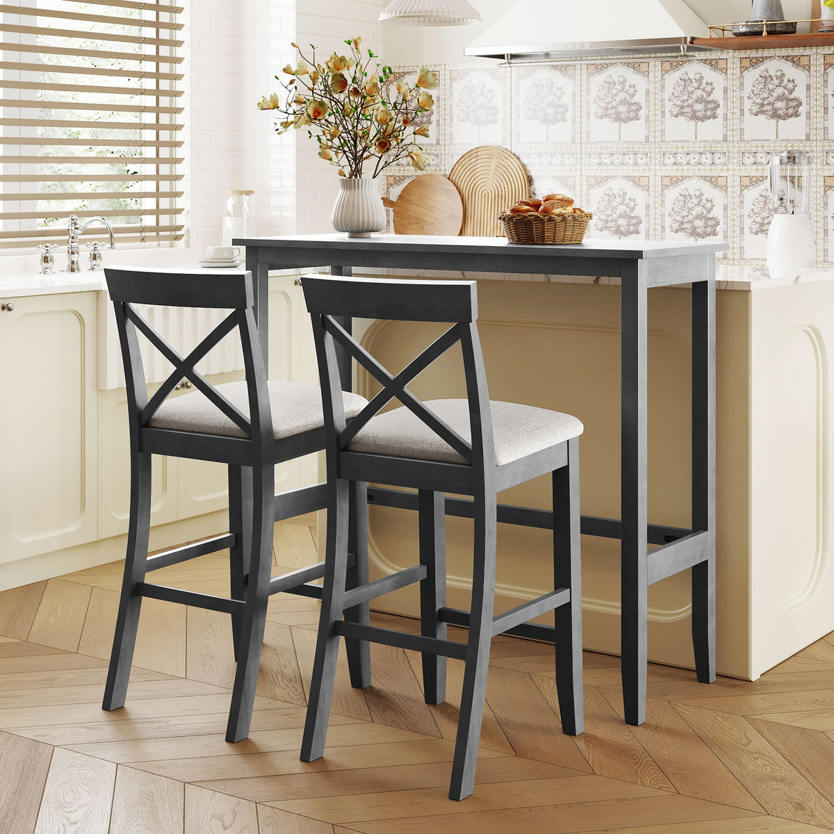 TOPMAX Farmhouse 48"Rectangular Wood Bar Height Dining Set Kitchen Breakfast Nook with 2 Chairs for Small Places,Gray+Beige