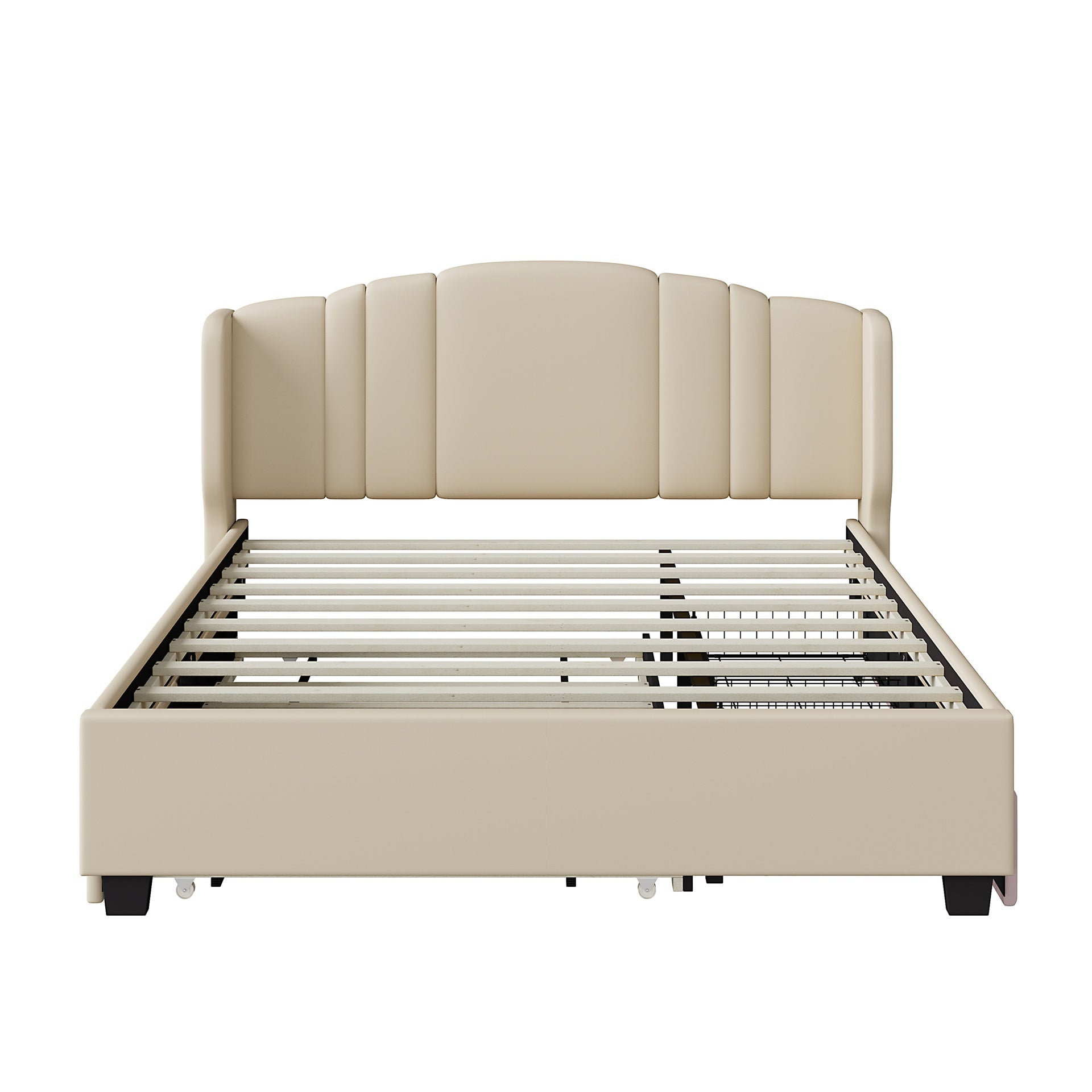 Upholstered Platform Bed with Wingback Headboard, One Twin Trundle and 2 Drawers, No Box Spring Needed, Linen Fabric, Queen Size, Beige