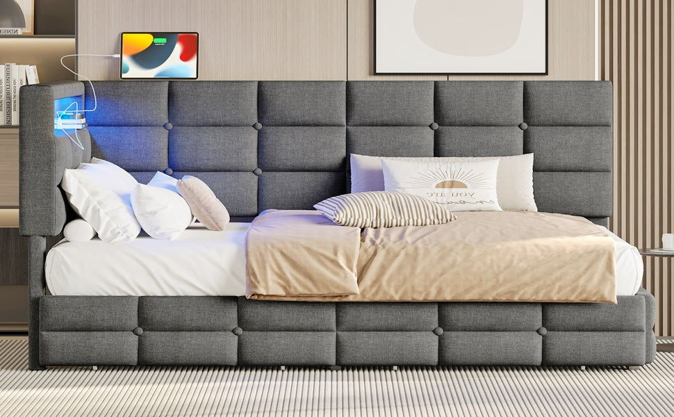 Upholstered Twin Size Daybed with Storage 2 Drawers and Charging Station, Day Bed Frame with LED Lights and Storage Headboard, No Box-Spring Needed, Gray