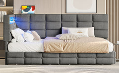 Upholstered Twin Size Daybed with Storage 2 Drawers and Charging Station, Day Bed Frame with LED Lights and Storage Headboard, No Box-Spring Needed, Gray