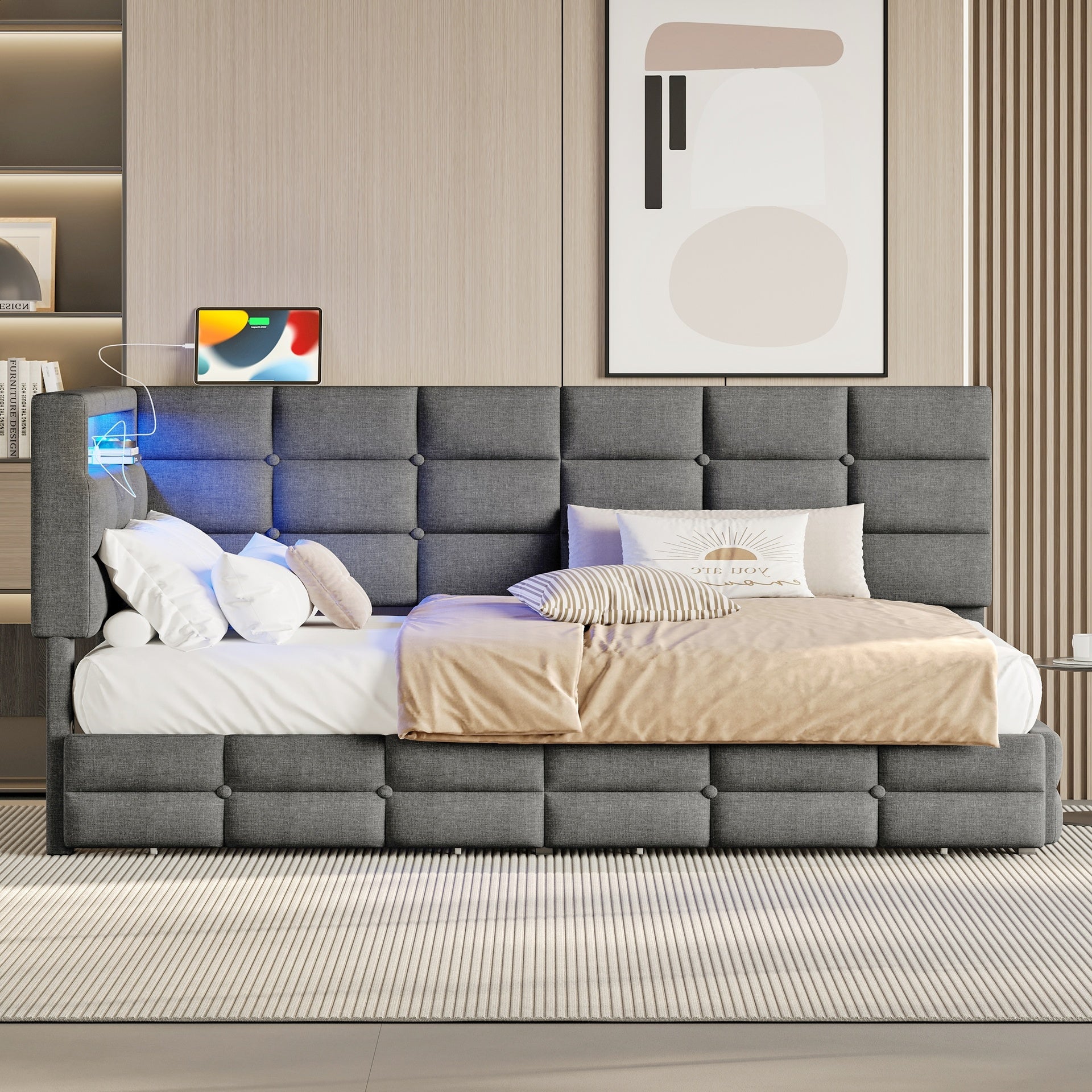 Upholstered Twin Size Daybed with Storage 2 Drawers and Charging Station, Day Bed Frame with LED Lights and Storage Headboard, No Box-Spring Needed, Gray