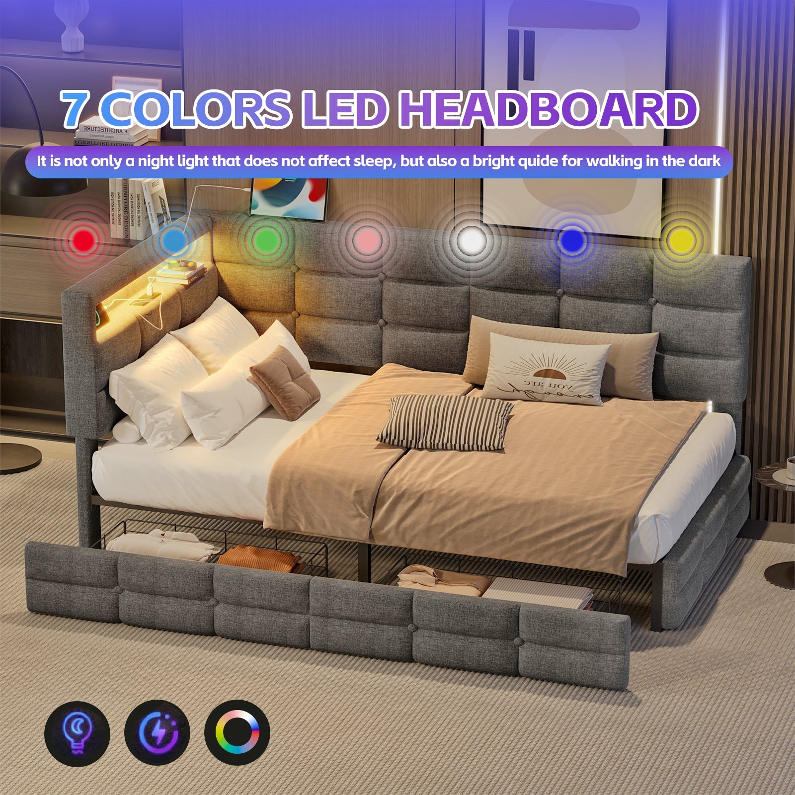 Upholstered Twin Size Daybed with Storage 2 Drawers and Charging Station, Day Bed Frame with LED Lights and Storage Headboard, No Box-Spring Needed, Gray