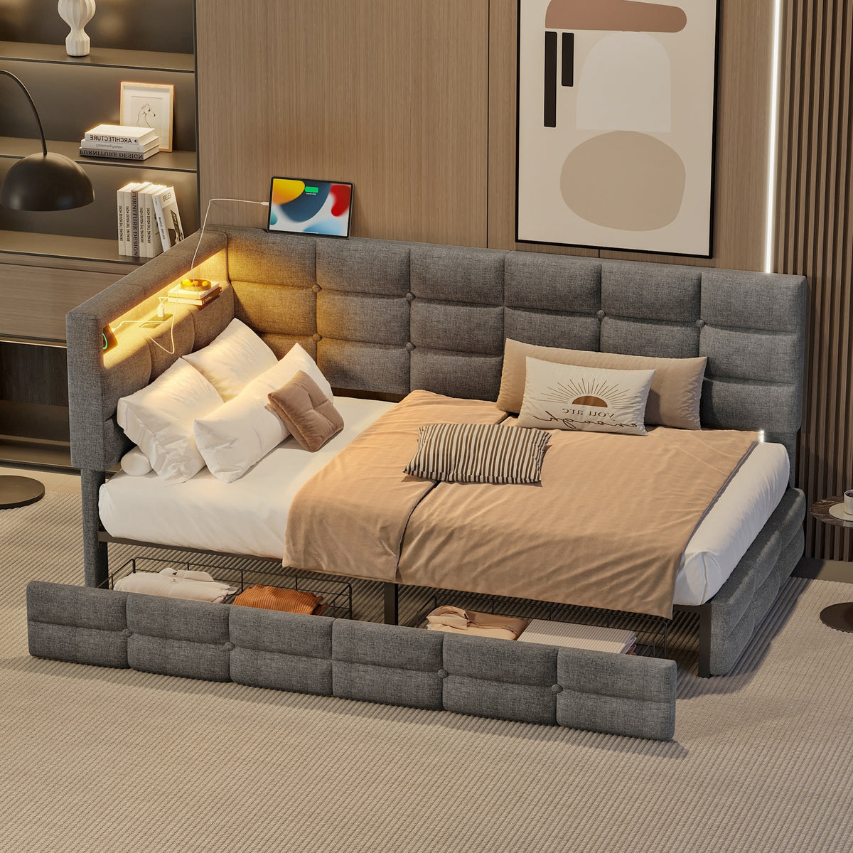 Upholstered Twin Size Daybed with Storage 2 Drawers and Charging Station, Day Bed Frame with LED Lights and Storage Headboard, No Box-Spring Needed, Gray
