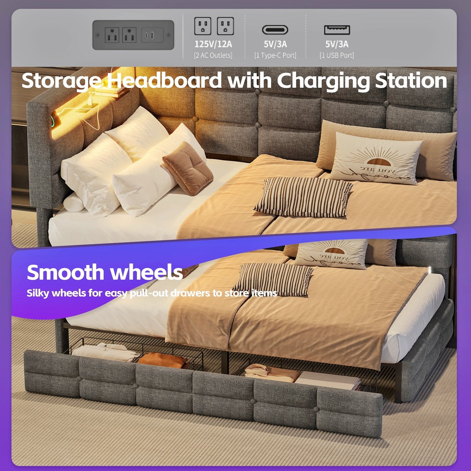 Upholstered Twin Size Daybed with Storage 2 Drawers and Charging Station, Day Bed Frame with LED Lights and Storage Headboard, No Box-Spring Needed, Gray