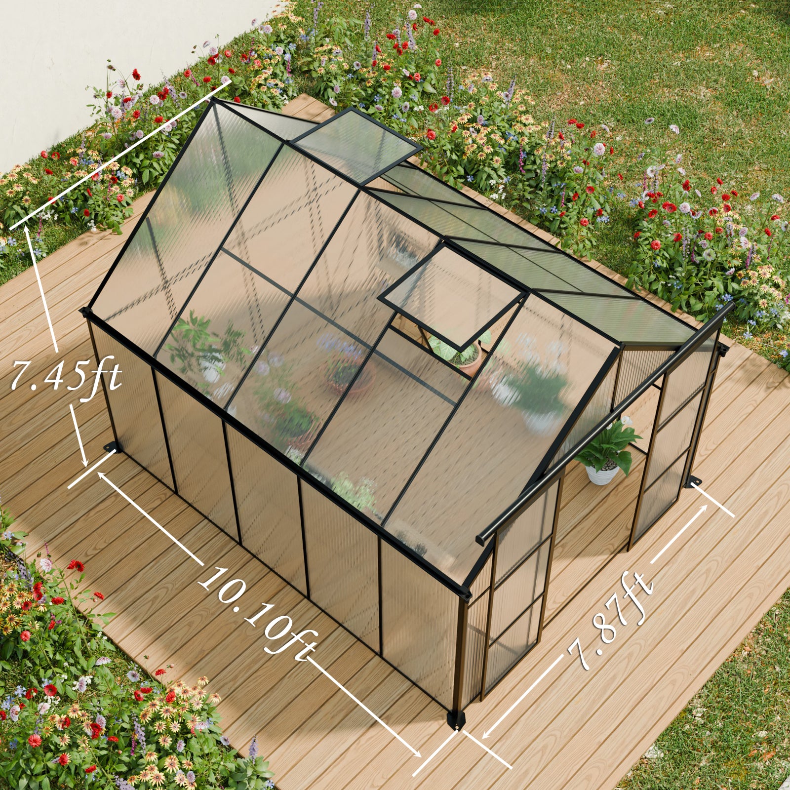 8x10FT Double Door Polycarbonate Greenhouse Raised Base and Anchor Aluminum Heavy Duty Walk-in Greenhouses for Outdoor Backyard in All Season,Black