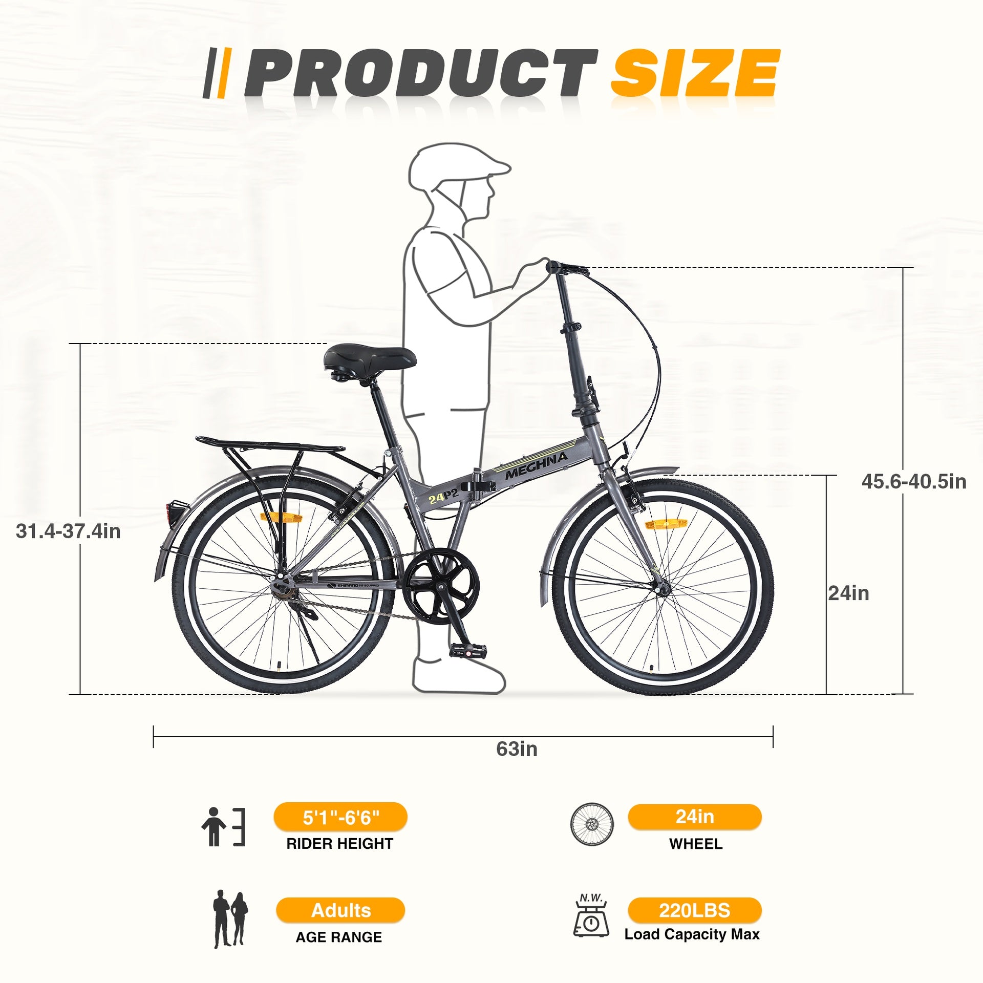 24 Inch Folding Bike for Adults with Fenders, Steel Frame Single Speed City Commuter, Dual V-Brake Portable Compact Bicycle for Men & Women