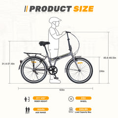 24 Inch Folding Bike for Adults with Fenders, Steel Frame Single Speed City Commuter, Dual V-Brake Portable Compact Bicycle for Men & Women