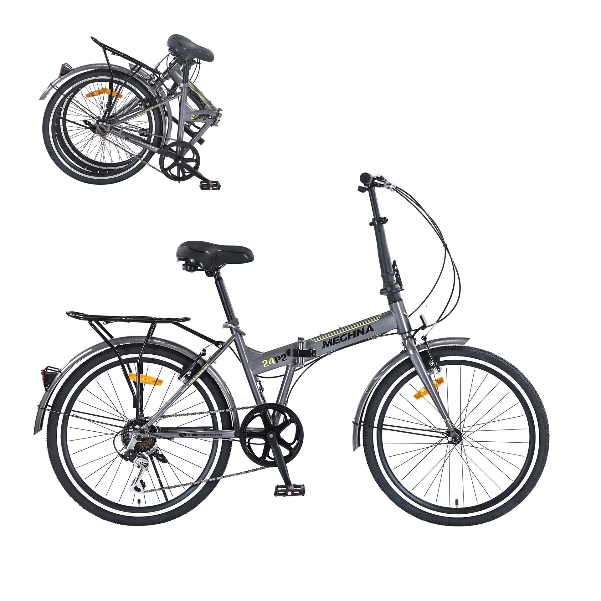 24 Inch Folding Bike for Adults with Fenders, Steel Frame Single Speed City Commuter, Dual V-Brake Portable Compact Bicycle for Men & Women