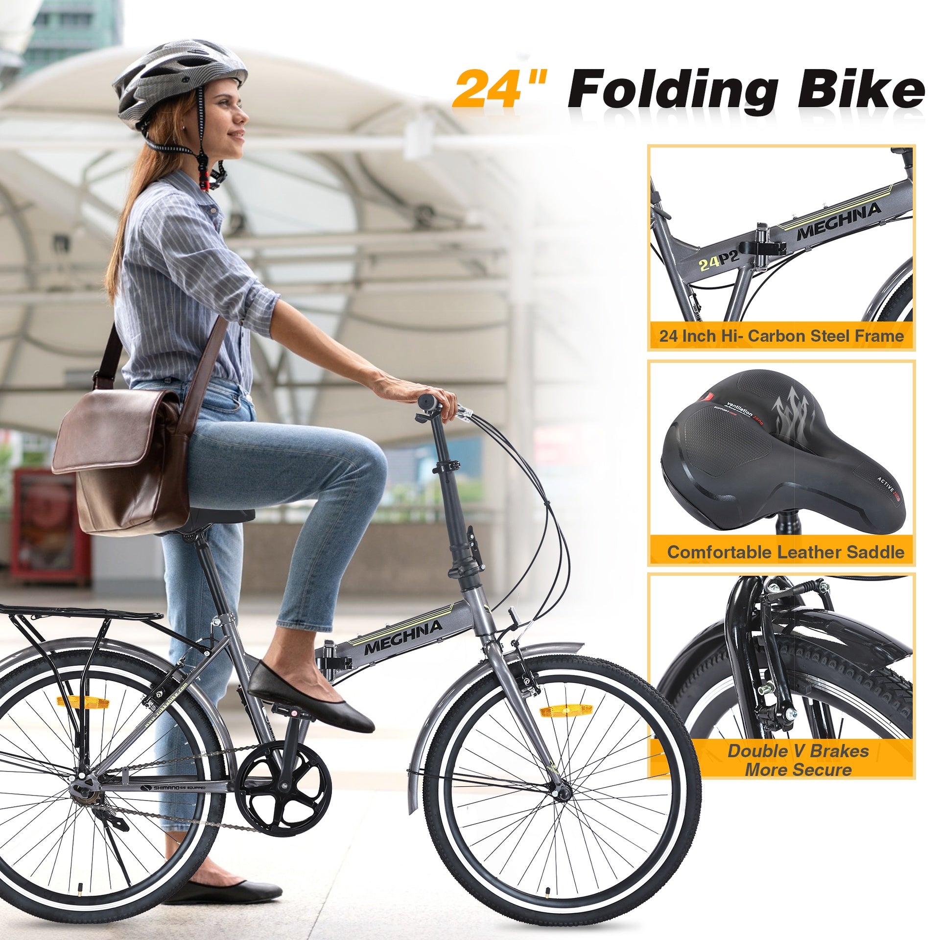 24 Inch Folding Bike for Adults with Fenders, Steel Frame Single Speed City Commuter, Dual V-Brake Portable Compact Bicycle for Men & Women